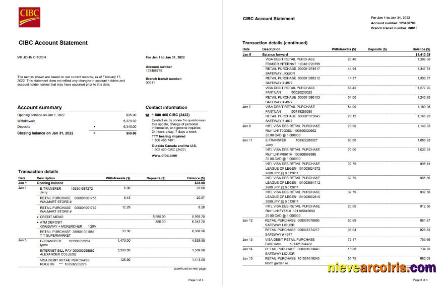 USA CIBC bank statement, Word and PDF, 4 pages